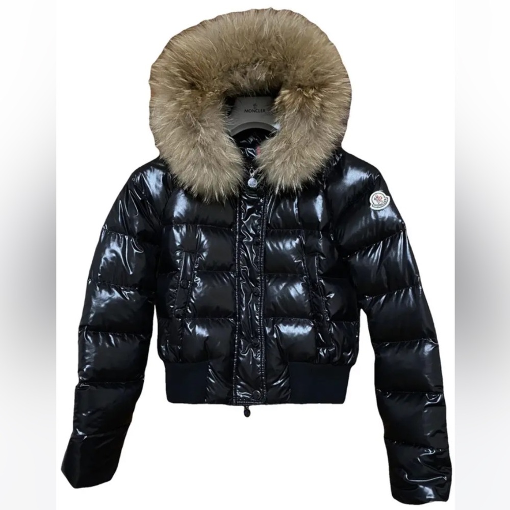 MONCLER sz 1/XS Shiny Black Puffer Jacket with fox Fur trimmed Hood